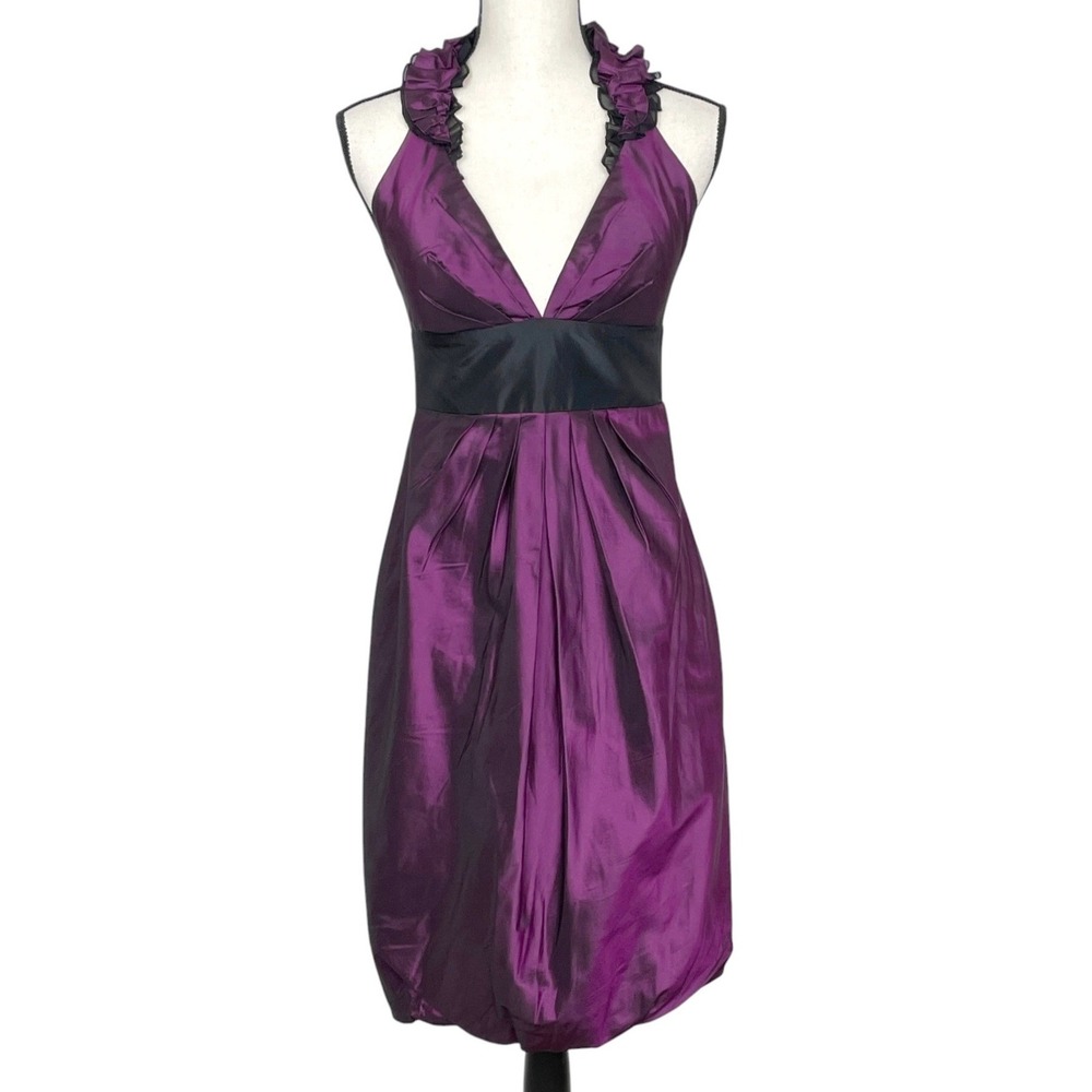 Kay Unger Purple Taffeta Silk Bubble Hem Halter Dress Size 4 Party Ruffle Neck